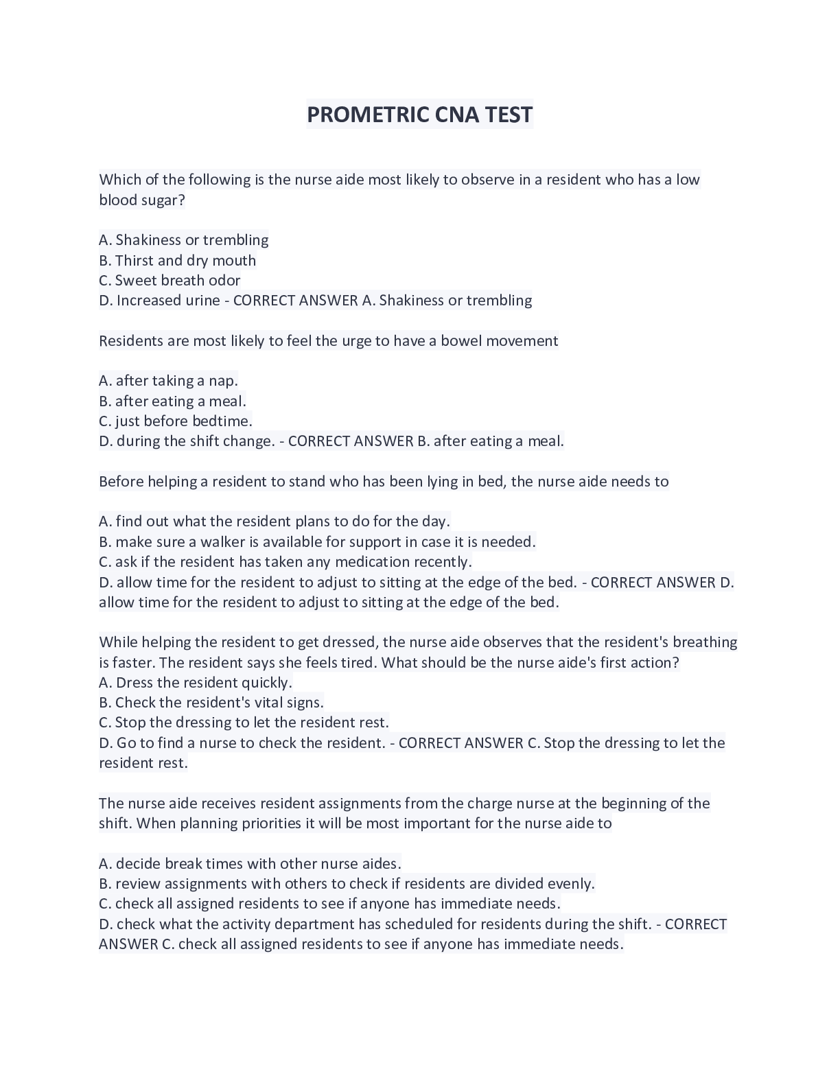 Preview image of PROMETRIC CNA TEST document